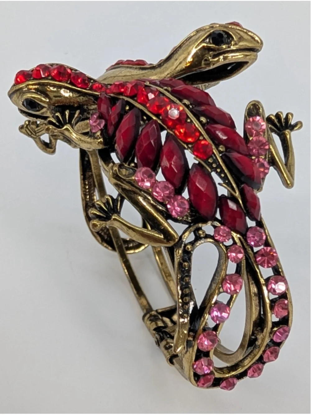 Lizard Rhinestone Hinged Cuff Bracelet Red Pink Gold Tone Statement Signed SDLZ